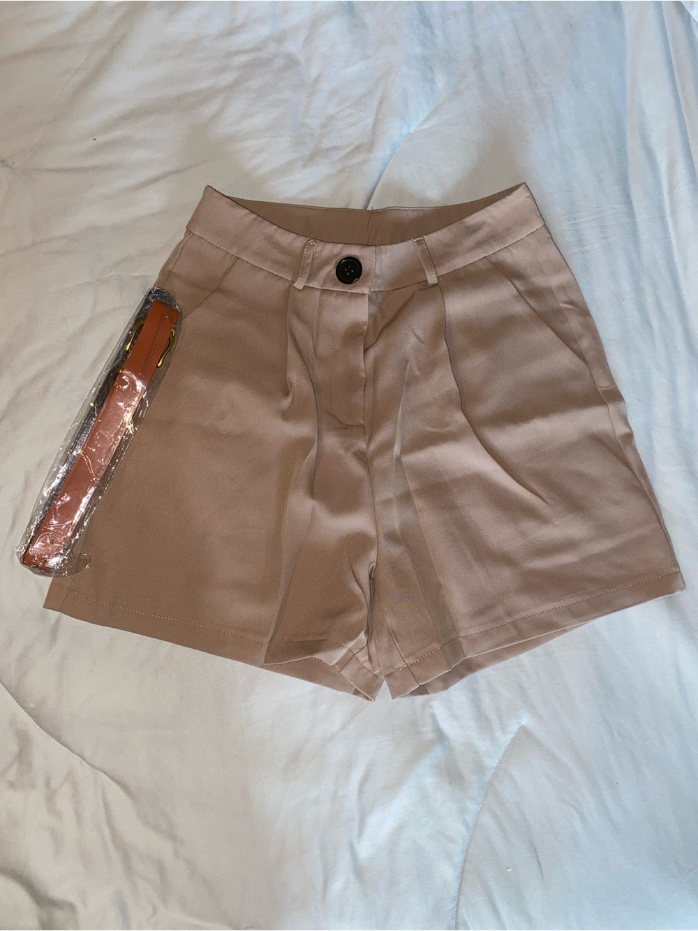 New High-Rise Tan Women's tailored Shorts with belt